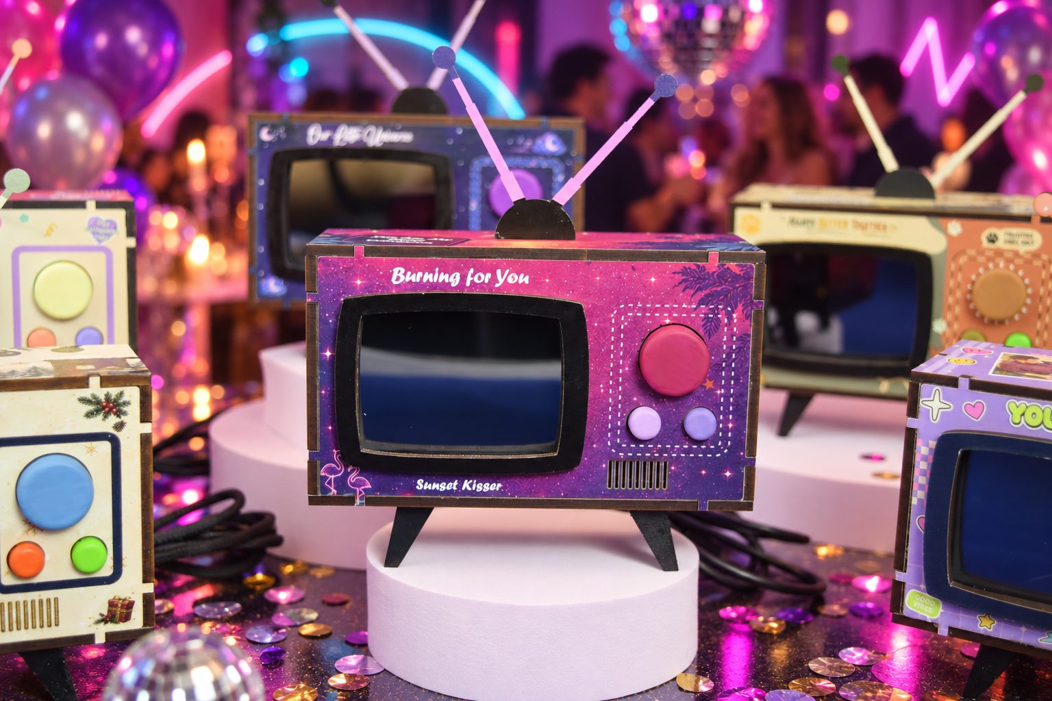 Burning for You Mini TV on a stand at a party, with other Mini TV designs around it