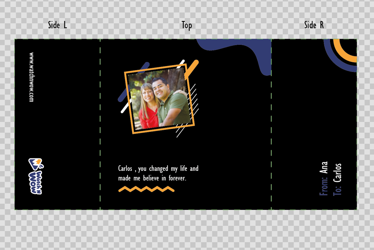Personalized gift box print layout with a couple's photo and a message, design preview