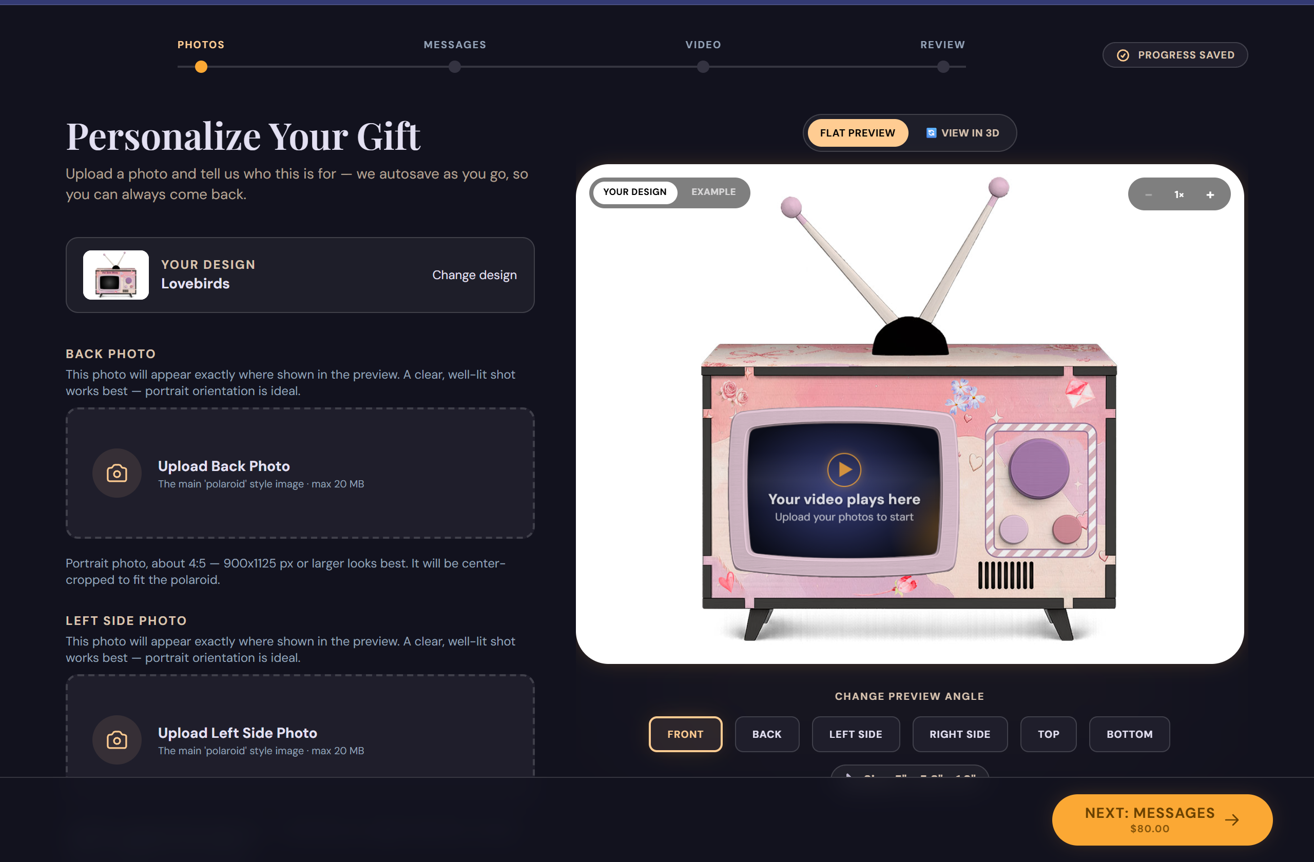 Creator screenshot: adding photos to the Lovebirds design