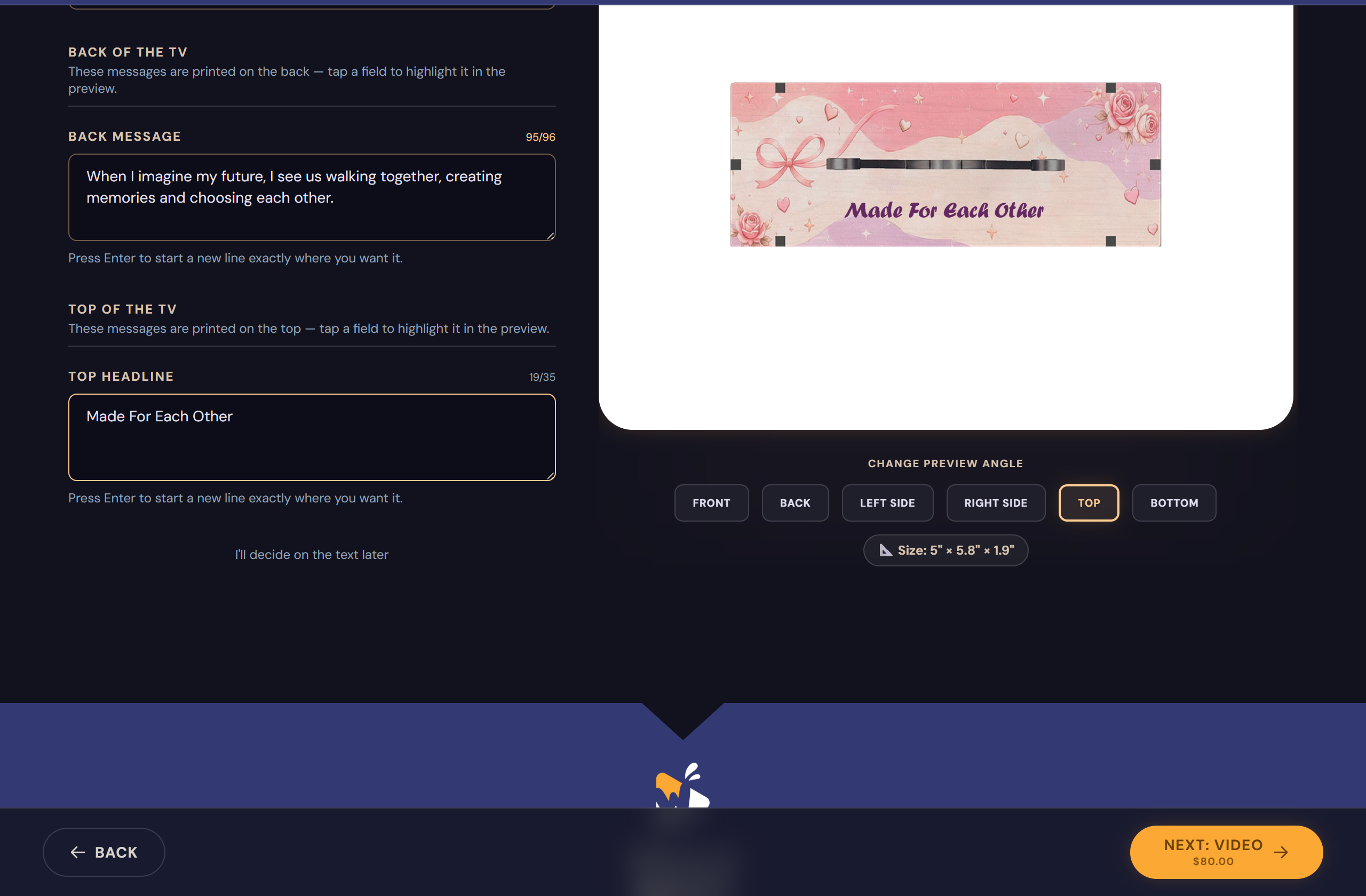 Creator screenshot: writing the messages printed on the TV