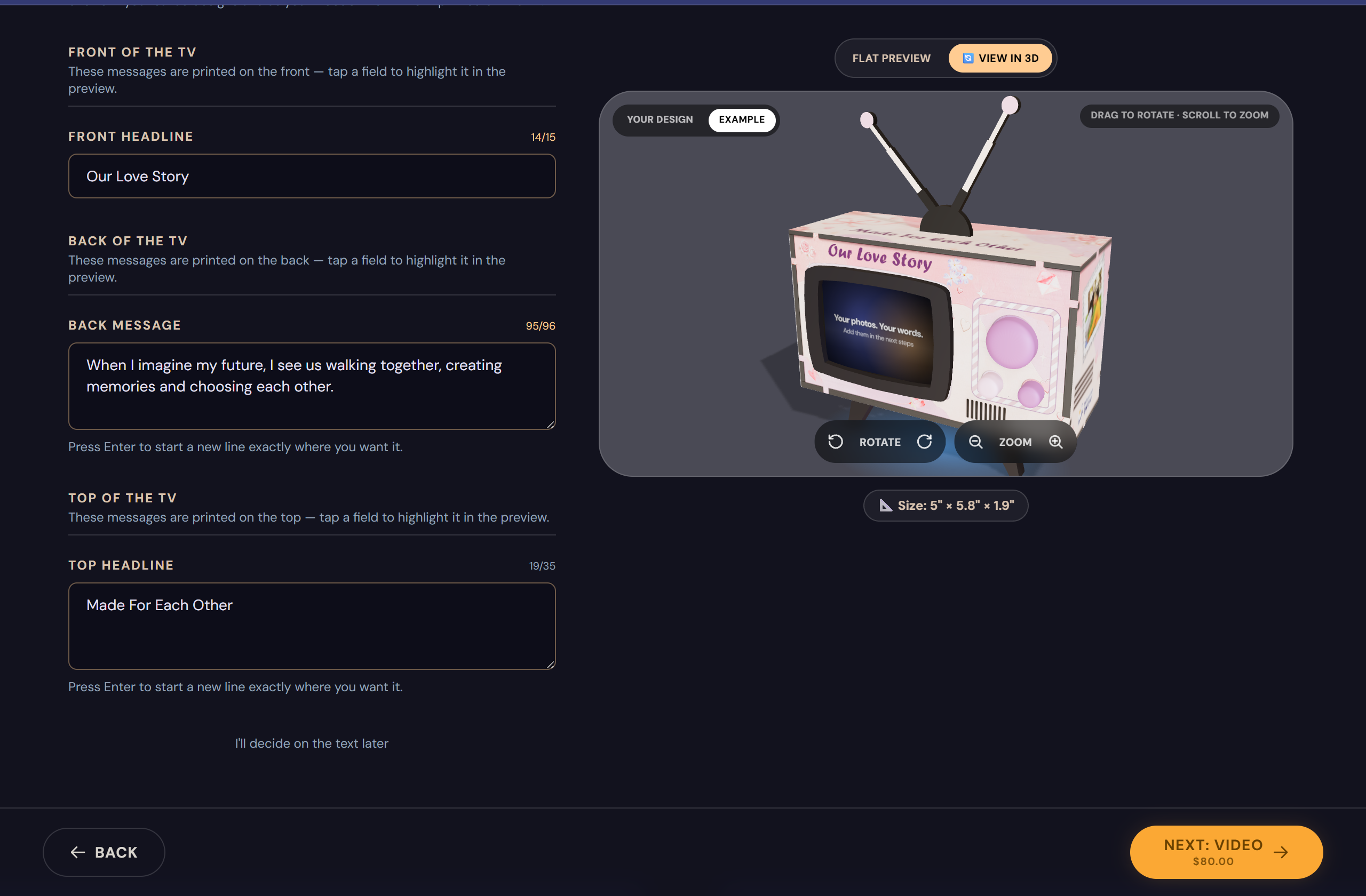 Creator screenshot: previewing the Lovebirds TV in 3D before ordering