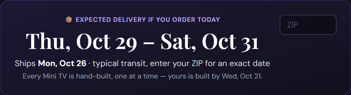 Checkout card showing the expected delivery date based on the build queue