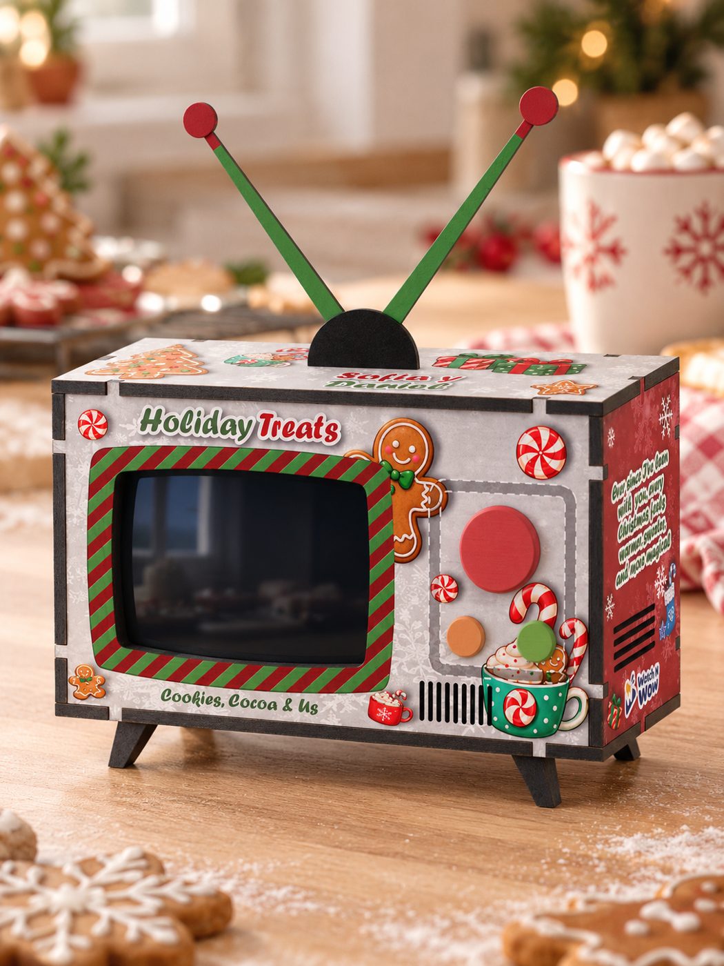 Holiday Treats Mini TV on a kitchen counter with cookies and cocoa
