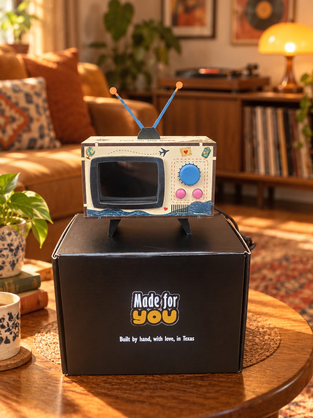 A finished Mini TV on its black Made for You box that reads: Built by hand, with love, in Texas