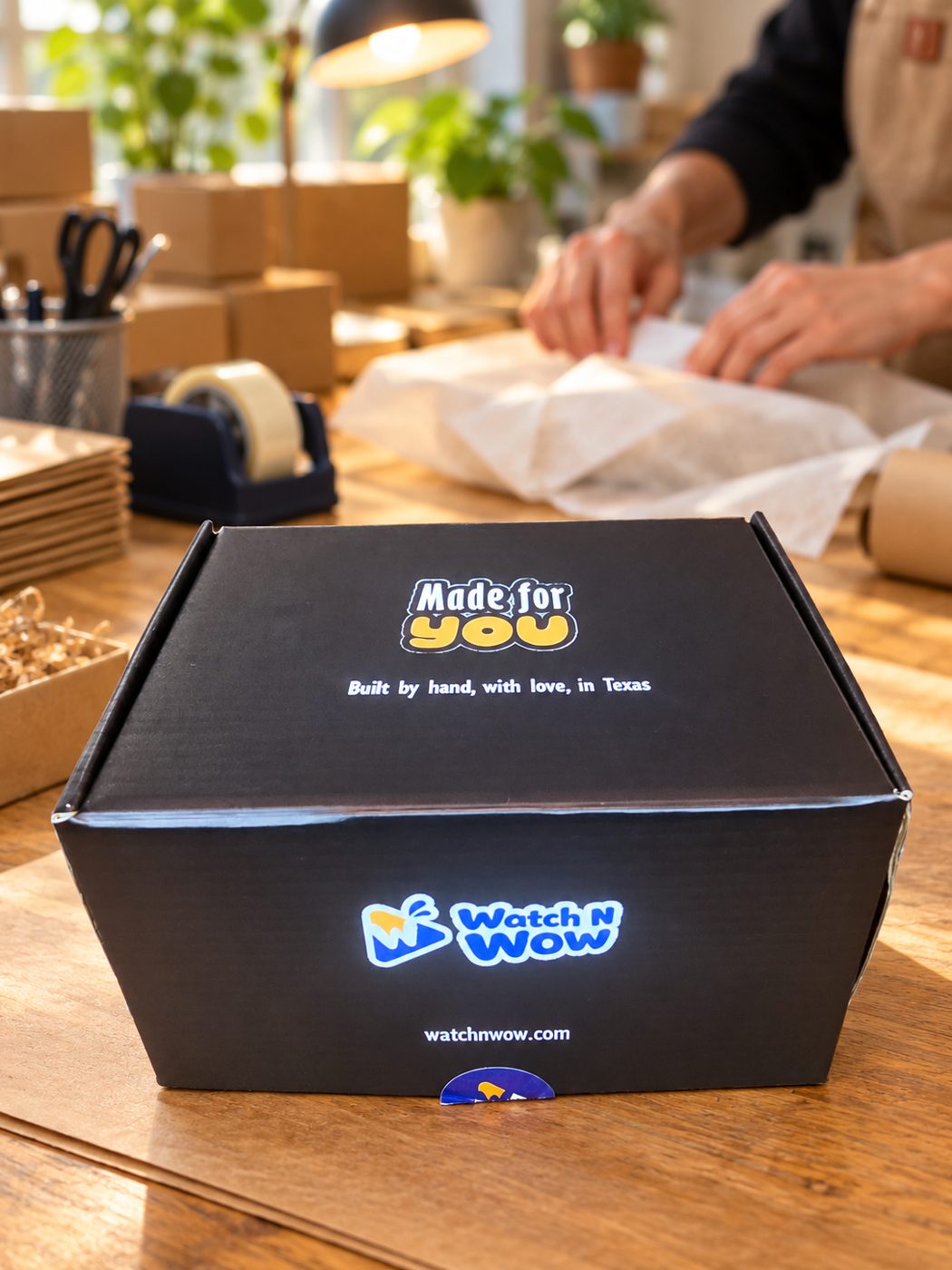 Hands packing a "Made for You" Mini TV gift box at a workbench