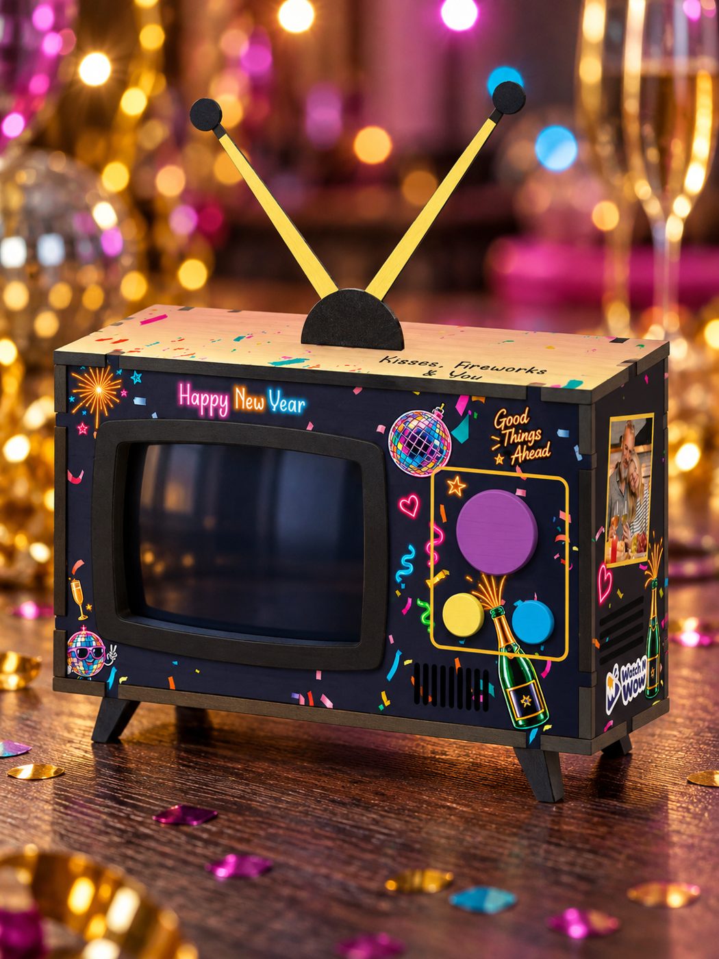Happy New Year Mini TV on a party table with confetti and lights