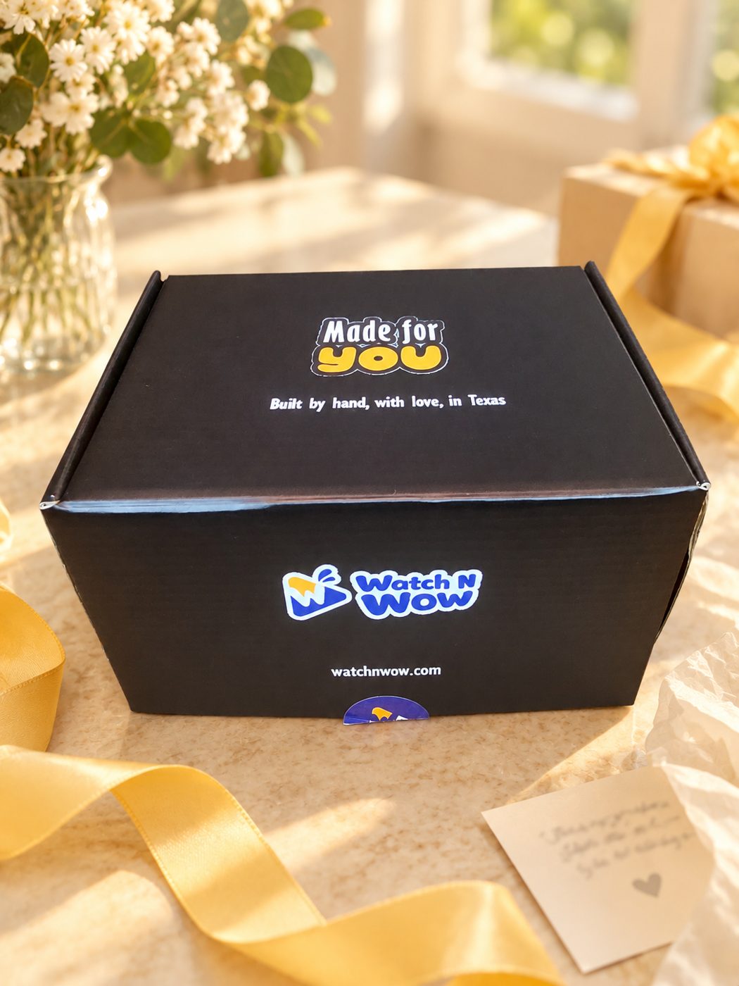 Black "Made for You" gift box with the Watch N Wow logo, tied with a yellow ribbon